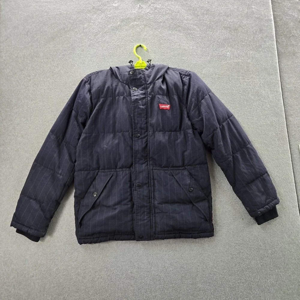 Levi's Men Jacket S Navy Striped Puffer Hooded Zipper READ